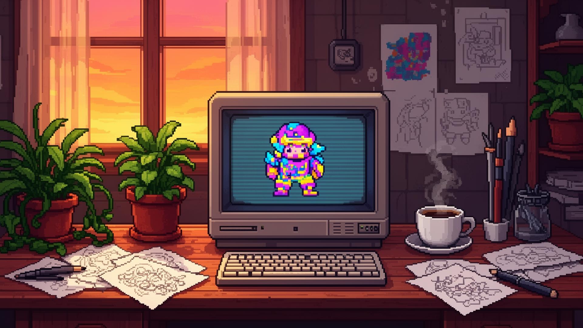 Pixel art illustration of an artist's workspace with a CRT monitor showing a colourful character.