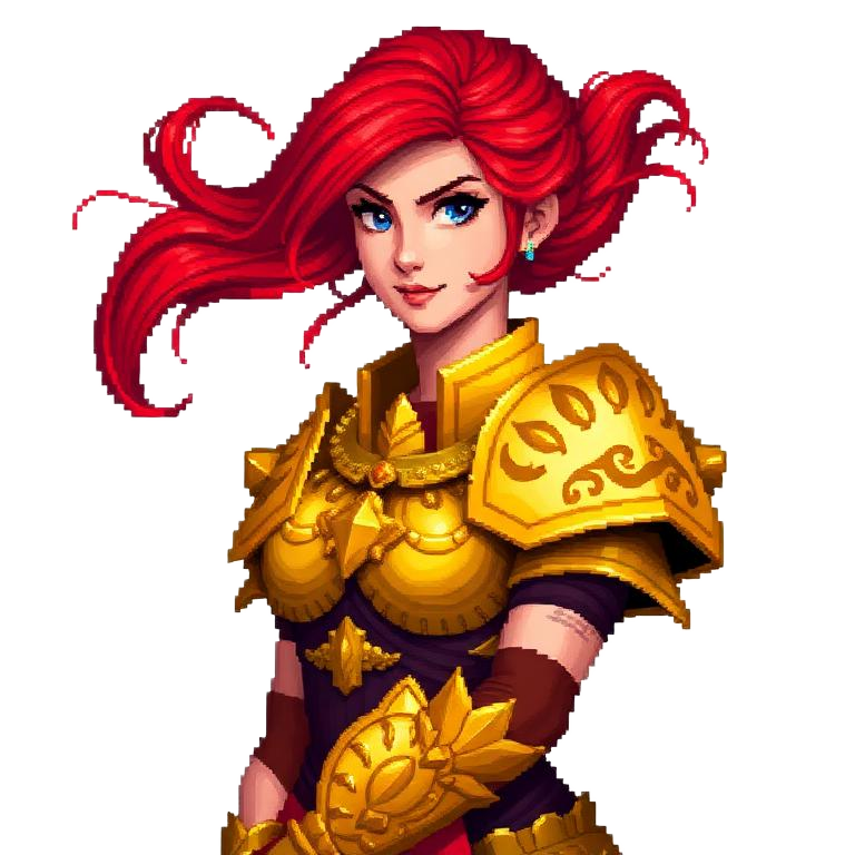 Pixel art portrait of a red-haired warrior in ornate golden armor.