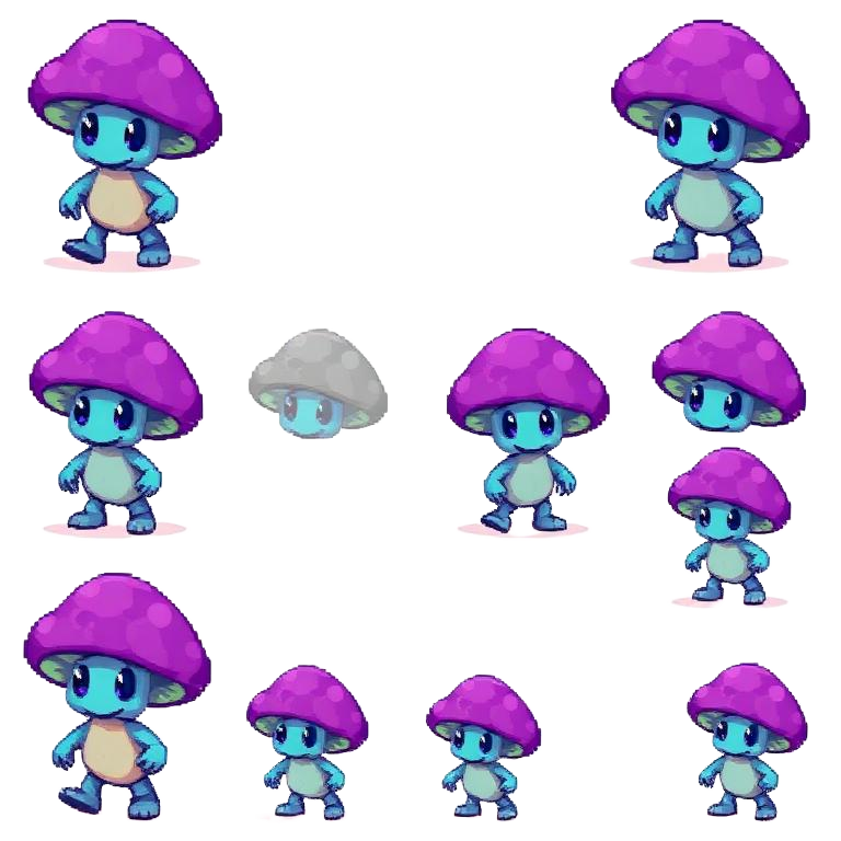 Sprite sheet of a purple and teal mushroom character in walking poses.