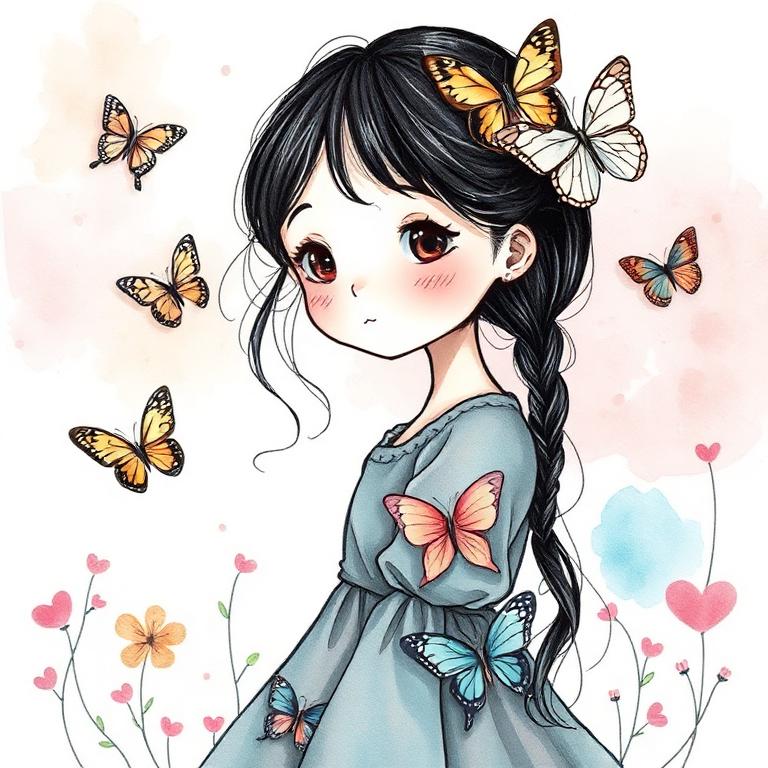 Watercolor and ink illustration of a girl with butterflies.